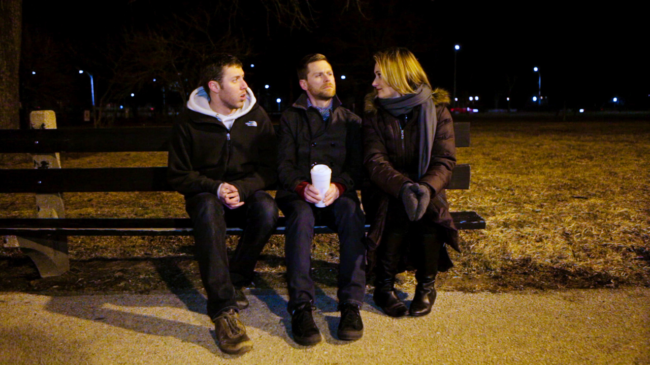 AYI commercial series Dating 101 actors sitting on a park bench at night shot and directed by Jason Kraynek