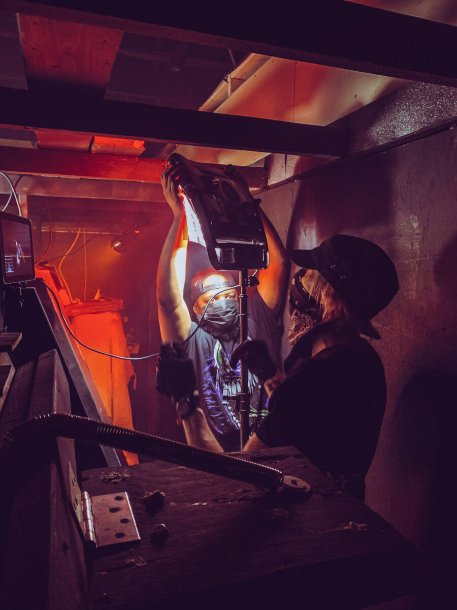 behind the scenes film production shoot as director of photography jason kraynek shoots actors for the CarnEvil Nights commercials