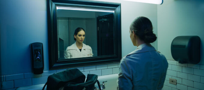 woman in bathroom stares at mirror reflection in the short film 'the Handoff'