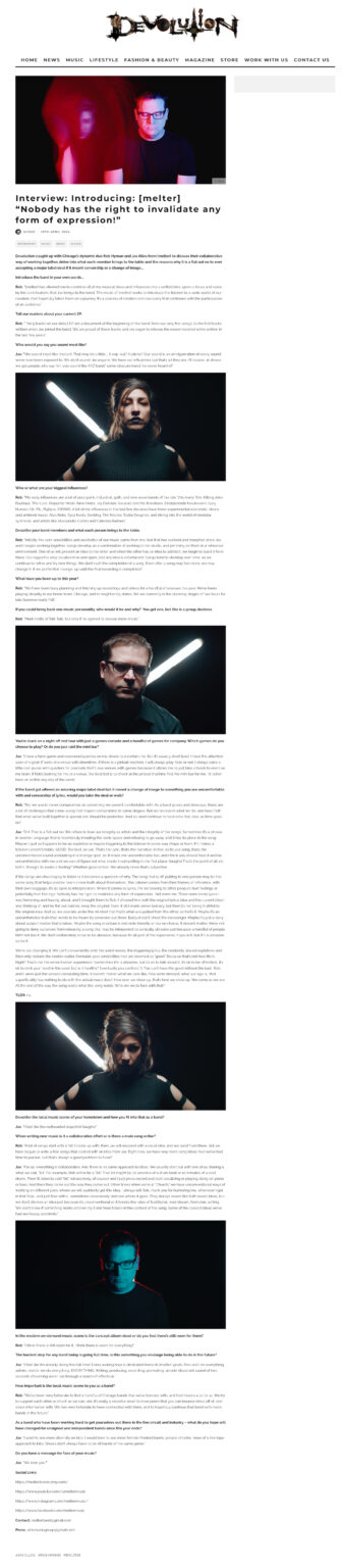 Press write up of industrial music group [melter] featuring images from a 2023 photoshoot with Cinematographer Jason Kraynek.