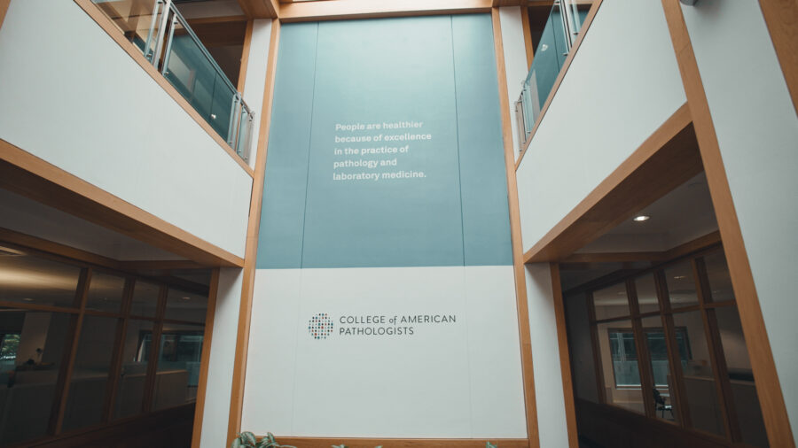 College of American Pathologists sign inside a large building