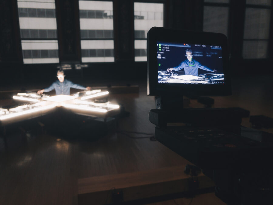 Behind the scenes image from the audio/visual performance 'The Illusion and the Aftermath'.