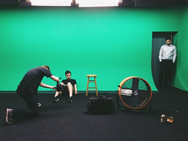 Green screen studio rehearsal of the short film 'Tower Town'.