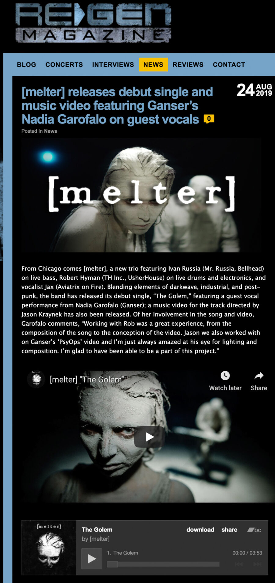 Press article by Regen magazine for the music video the Golem by the group Melter.